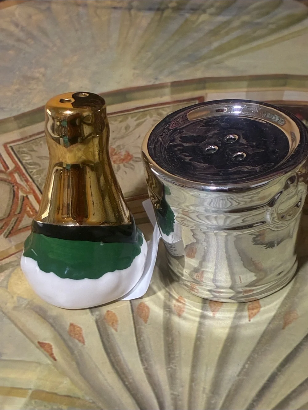 Decorative Gold Champagne Bottle Salt and Pepper Shaker - White & Green